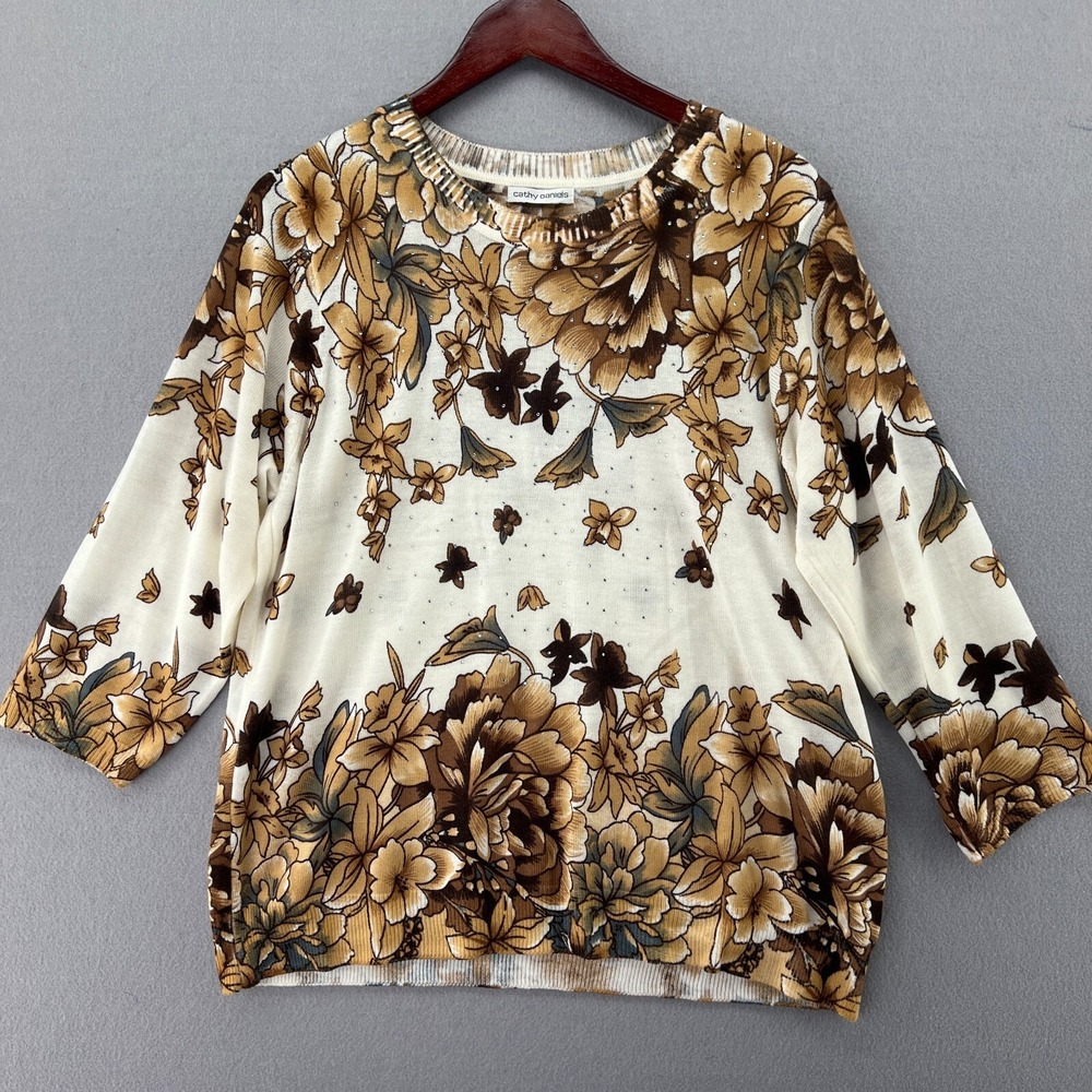 Cathy Daniels Womans Brown Cream Flowers Rhinestone Lightweight Fall Sweater XL